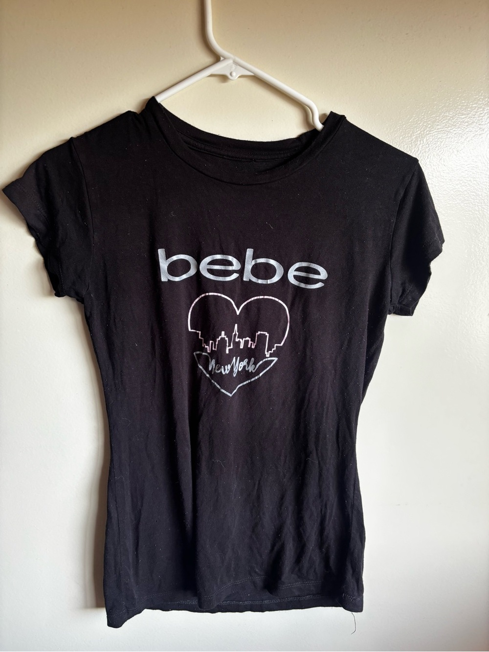bebe Black Short Sleeve Logo Tee with Heart Skyline